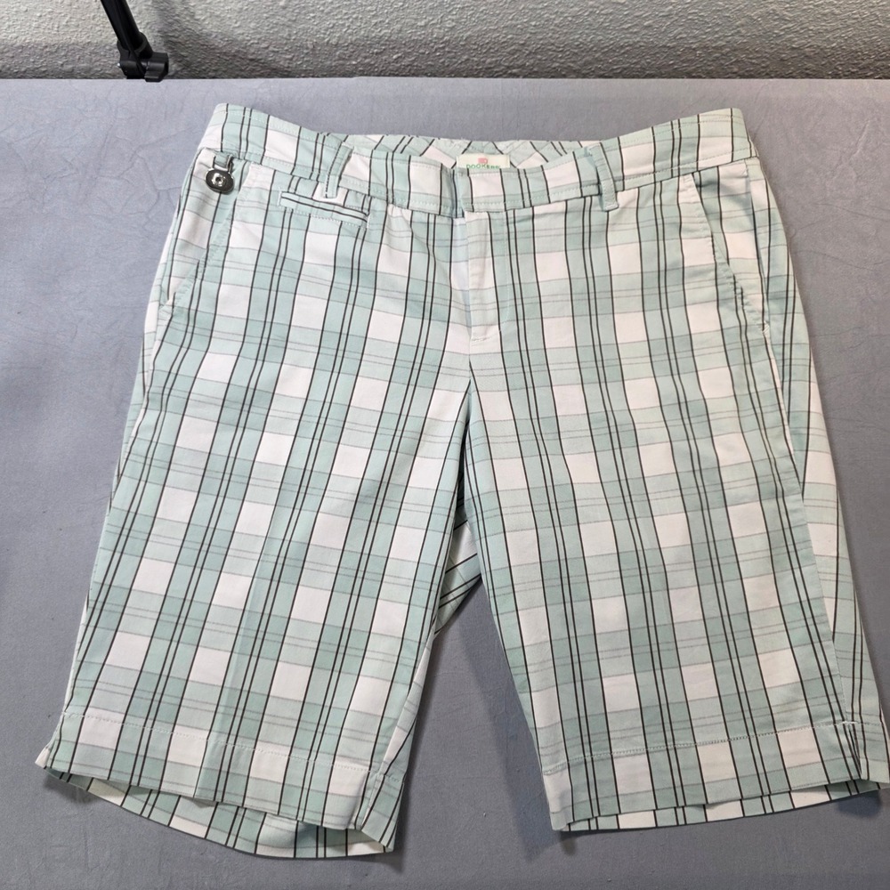 Dockers Golf Womens Mint Green Plaid Stretch Bermuda Shorts Size 10 Casual Sport